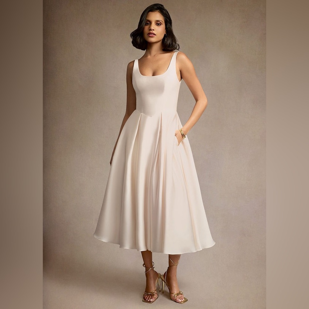Azazie Atelier Olivia Cream Pleated Midi Dress